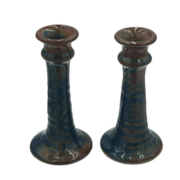 Studio Pottery Pair Of Candlestick Holder Drip Glaze Blue Brown Artist Signed 6” - Picture 5 of 8